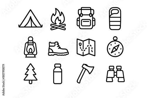 Wilderness Camping Icons. Wilderness camping. Line icon set of Wilderness camping: tent, campfire, backpack, sleeping bag, lantern, hiking boots, map, compass,