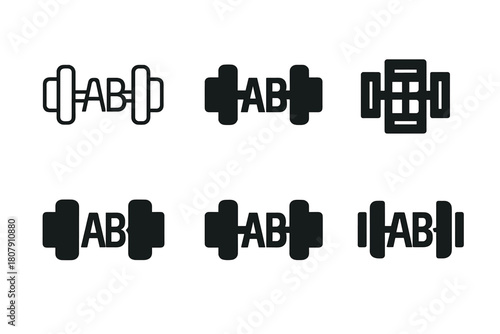 Custom Fitness Logos. Personalized fitness equipment. Icon set. Set Logo of personalized fitness equipment: gym bag monogram. harmonious logo variations of the