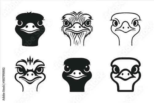 Ostrich Icon Set. Ostriches. Icon set. Set Logo of ostriches: ostrich head silhouette emphasizing eyes and beak. harmonious logo variations of the same