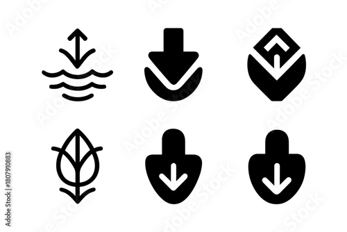 Deep Exploration Logos. Deep. Icon set. Set Logo of deep: downward arrow symbolizing exploration below surface. harmonious logo variations of the