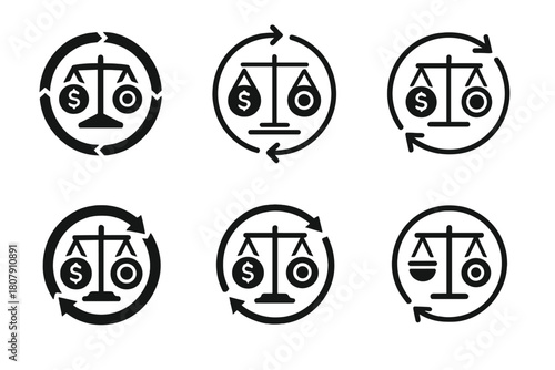 Financial Balance Icons. balance in financial investments. Icon set. Set Logo of balance in financial investments: circular arrow of financial equilibrium.