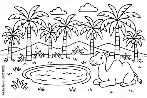 Desert Oasis Coloring. Palm oasis in the desert children?s coloring book illustration, outlined drawing, palm trees surrounding a small pond with a camel