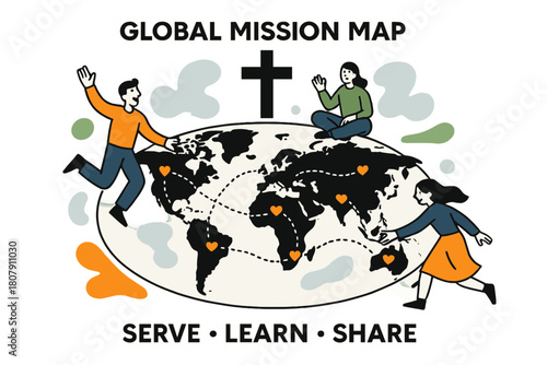 Global Mission Map. Global Mission Map. A gentle cross icon sits above a world map with dotted flight paths; small hearts mark partner communities. Text reads
