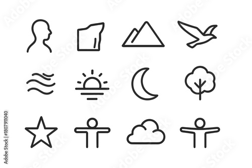 Freedom Solitude Icons. Freedom and Solitude. Line icon set of Freedom and Solitude: person silhouette, cliff, mountain, bird, wind, horizon, sun, moon, tree,