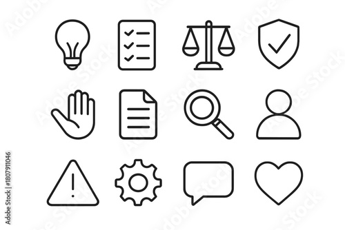 Ethical Design Icons. Designing with ethical constraints. Line icon set of Designing with ethical constraints: light bulb, checklist, scale, shield, hand,