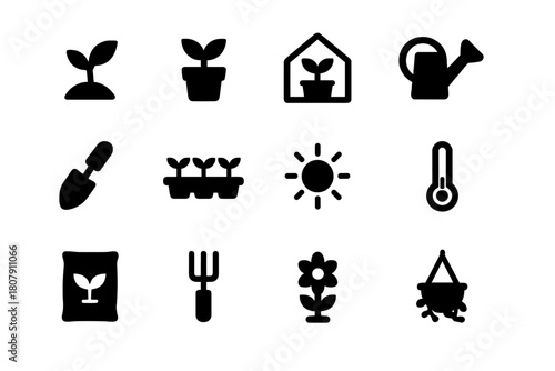 Plant Growth Icons. Plant Growth. Solid icon set of Plant Growth: seedling, potted plant, greenhouse, watering can, garden trowel, plant tray, sun,