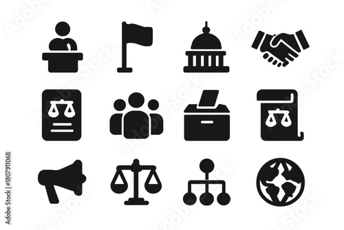 Political Icons Set. Political leadership. Solid icon set of Political leadership: leader podium, crowd, election vote, flag bearer, handshake, microphone,