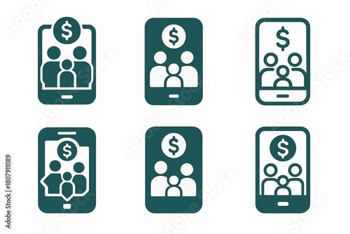 Family Finance Icons. Tracking family finances using an app. Icon set. Set Logo of tracking family finances using an app: family budget dashboard. harmonious