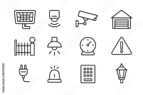 Security Lighting Icons. Security lighting. Line icon set of security lighting: floodlight, motion sensor, camera, garage, gate, wall mount, timer, warning