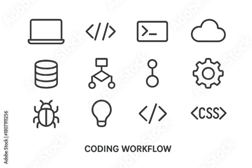Coding Workflow Icons. Coding workflow. Line icon set of coding workflow: laptop, code brackets, terminal, cloud, database, flowchart, commit, gear, bug, light