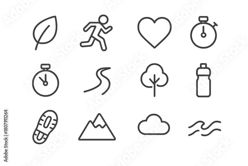 Eco Fitness Icons. Eco Fitness. Line icon set of Eco Fitness: leaf, running figure, droplet, heart, stopwatch, path, tree, water bottle, shoe print, mountain,