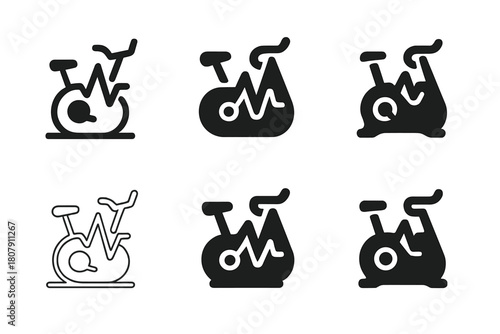 Exercise Bike Logos. exercise bike. Icon set. Set Logo of exercise bike: digital fitness bike with screen. harmonious logo variations of the same emblematic