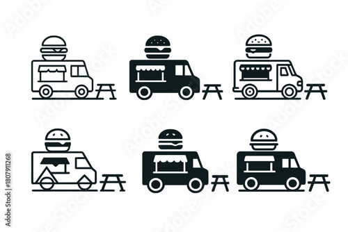 Food Truck Logos. Food truck street parties. Icon set. Set Logo of food truck street parties: barbecue grill beside open truck window. harmonious