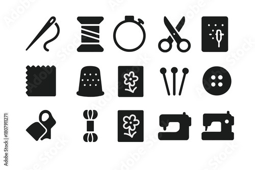 DIY Embroidery Icons. DIY Embroidery Projects. Solid icon set of DIY Embroidery Projects: needle, thread spool, embroidery hoop, scissors, fabric, thimble,