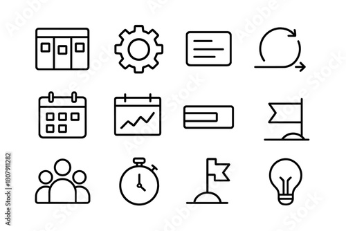 Agile Icons Grid. Agile project management. Line icon set of agile project management: sprint board, gear, task card, arrow loop, calendar, chart, progress