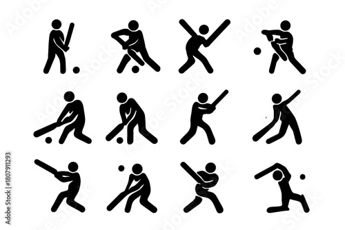 Cricket Batting Techniques. Batting. Solid icon set of Batting: straight drive, cover drive, pull shot, cut shot, sweep shot, reverse sweep, lofted shot,
