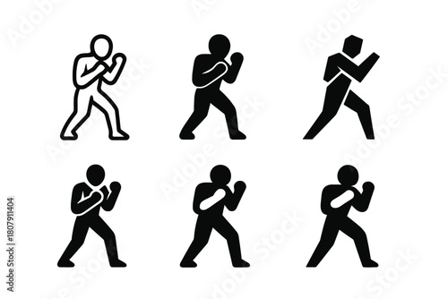 MMA Logo Variations. Mixed martial arts and combat sports. Icon set. Set Logo of mixed martial arts: human form in defensive stance. harmonious logo variations