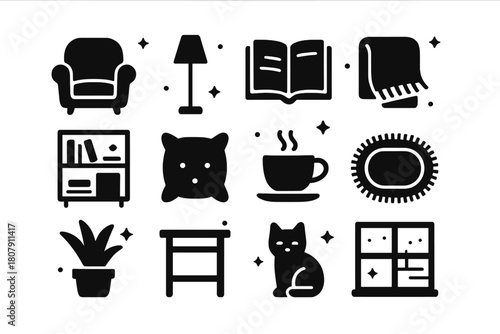 Cozy Reading Icons. Reading Nook. Solid icons set of Reading Nook: armchair, bookshelf, lamp, book, coffee cup, blanket, window, cushion, plant, rug, side