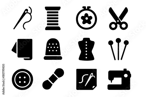 Needlework Icon Set. Needlework. Solid icon set of Needlework: needle, thread spool, embroidery hoop, scissors, fabric, thimble, pattern template, pins,