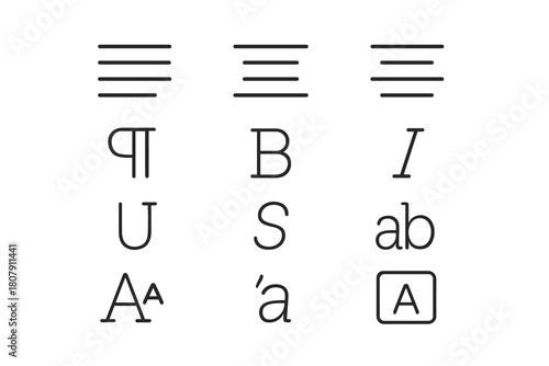 Text Alignment Icons. Text alignment. Line icon set of Text alignment: alignment left, alignment center, alignment right, paragraph, bold text, italic text,