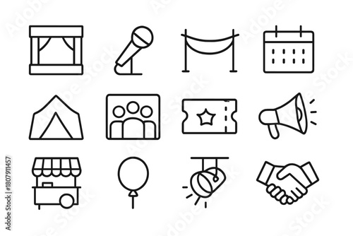 Community Event Icons. Community events. Line icon set of Community events: stage, microphone, banner, calendar, tent, group photo, ticket, megaphone, food