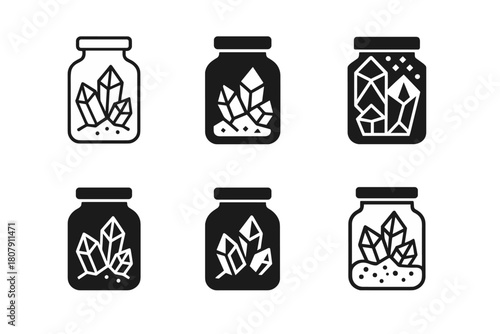 Bath Salts Jar Icons. bath salts jar. Icon set. Set Logo of bath salts jar: glass jar with crystals inside. harmonious logo variations of the same emblematic