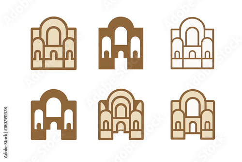 Christian Architecture Logos. The development of Christian church architecture. Icon set. Set Logo of The development of Christian church architecture:
