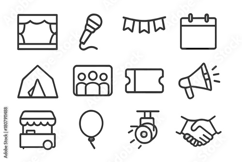 Community Event Icons. Community events. Line icon set of Community events: stage, microphone, banner, calendar, tent, group photo, ticket, megaphone, food