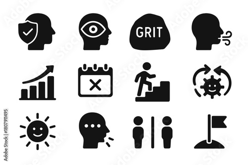 Mental Strength Icons. Mental Strength. Solid icon set of Mental Strength: resilience shield, focus eye, grit rock, calm breath, growth arrow, discipline