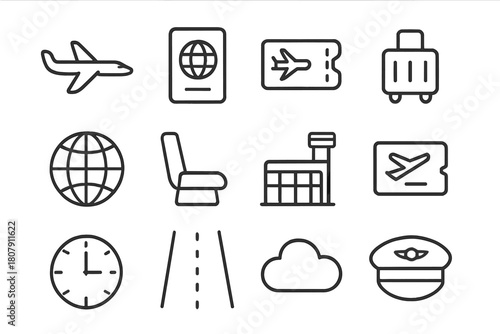Flight Travel Icons. Flight travel. Line icon set of flight travel: airplane, passport, ticket, luggage, globe, seat, terminal, boarding pass, clock, runway,