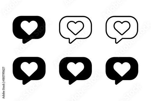 Notification Heart Icons. Emotional weight of notifications. Icon set. Set Logo of emotional weight of notifications: notification bubble morphing into heart.