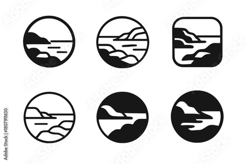 Rocky Shore Icons. Rocky shore. Icon set. Set Logo of rocky shore: serene rocky coastline. harmonious logo variations of the same emblematic concept, each with