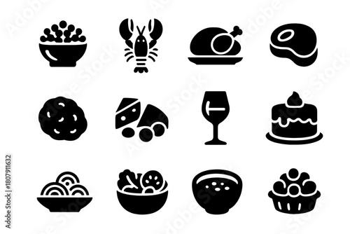 Decadent Cuisine Icons. Decadent Cuisine. Solid icon set of Decadent Cuisine: caviar, lobster, roasted turkey, steak, truffle, cheese platter, wine glass,