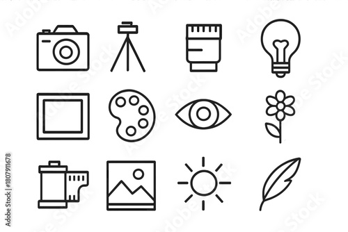 Artistic Photography Icons. Artistic photography. Line icon set of artistic photography: camera, tripod, lens, light bulb, frame, palette, eye, flower, film