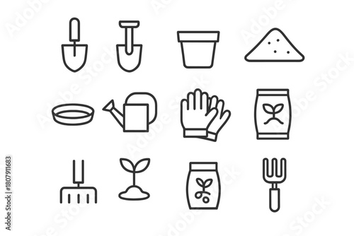 Planting Tools Icon Set. Planting tools. Line icon set of Planting tools: trowel, shovel, plant pot, soil, saucer, watering can, gardening gloves, seeds