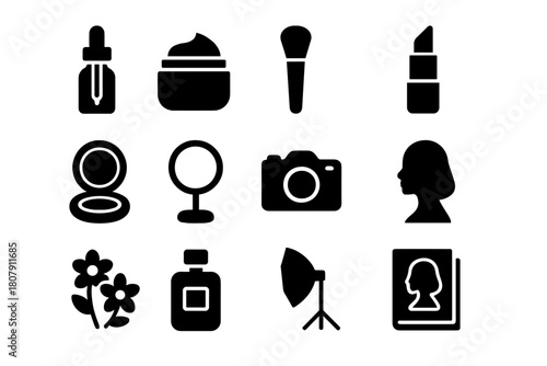 Skincare Icon Grid. Skincare Campaign. Solid icon set of Skincare Campaign: serum bottle, face cream, makeup brush, lipstick, compact powder, mirror, camera,