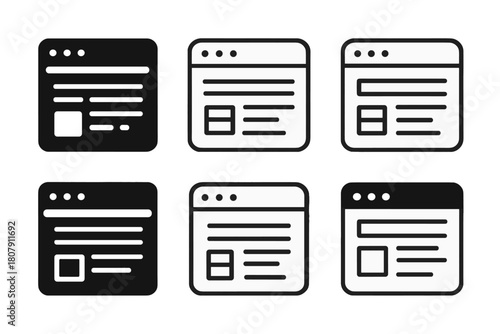 Coding Platform Logos. Online coding platform interface. Icon set. Set Logo of online coding platform interface: web browser with structured layout grid.