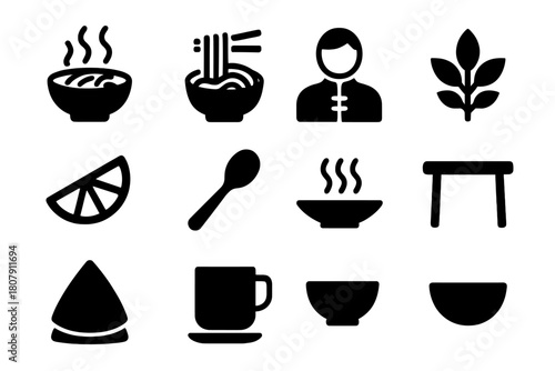 Asian Cuisine Icons. Asian Food. Solid icon set of Asian Food: bowl of pho, noodles, chopsticks, person, herbs, lime wedge, spoon, steam, table, napkin, cup,