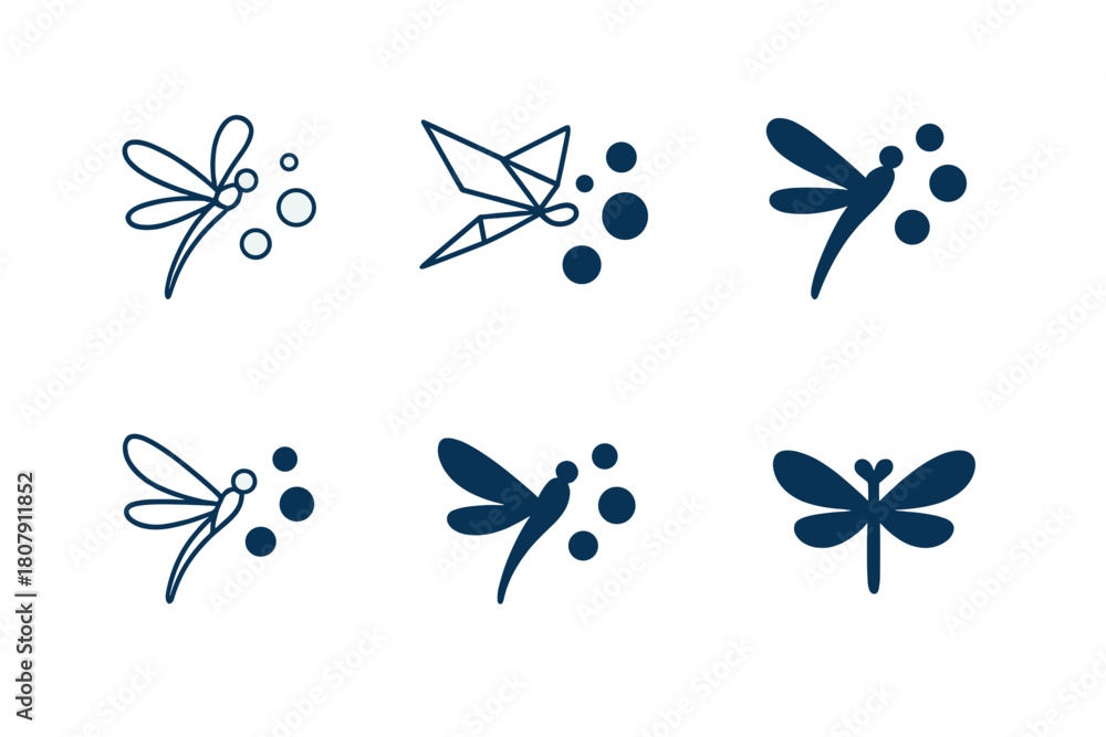 Fototapeta premium Pollination Insect Icons. insects in pollination. Icon set. Set Logo of insects in pollination: dragonfly near pollen grains. harmonious logo variations of the
