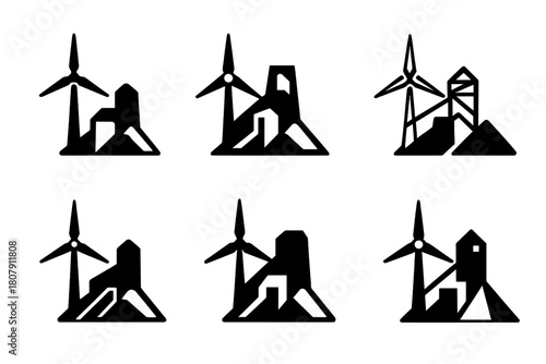 Mining Energy Icons. Efficient energy use in mining industries. Icon set. Set Logo of efficient energy use in mining industries: wind turbine beside mining
