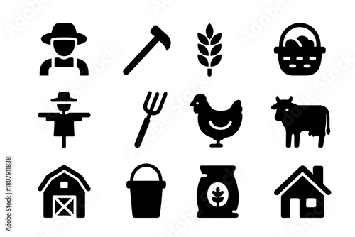 Peasant Icon Collection. Peasant. Solid icon set of Peasant: farmer, hoe, wheat, basket, scarecrow, pitchfork, chicken, cow, barn, bucket, sack of grain,