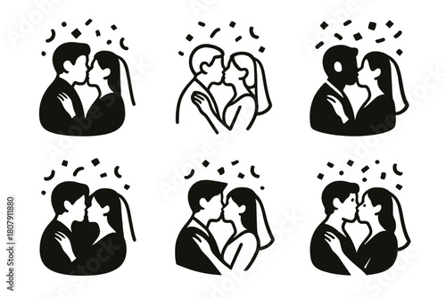 Wedding Kiss Logos. Wedding Kiss Under Confetti. Icon set. Set Logo of Wedding Kiss: couple surrounded by falling confetti shapes. harmonious logo variations