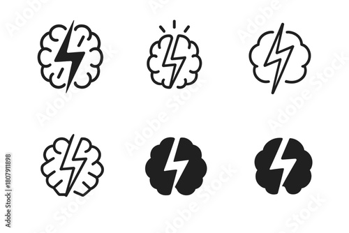 Epiphany Logo Variations. Unexpected epiphany. Icon set. Set Logo of unexpected epiphany: lightning bolt intersecting a glowing brain. harmonious