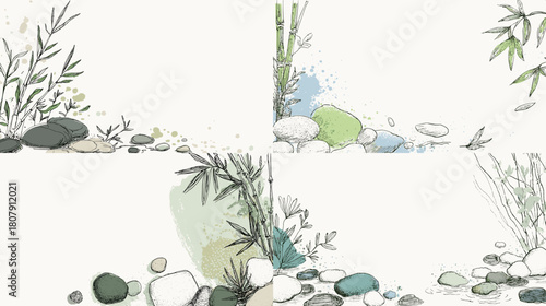 Calming botanical frame with bamboo leaves, smooth stones, and soft watercolor accents. Minimal nature illustration ideal for spa themes, wellness designs, and tranquil backgrounds.