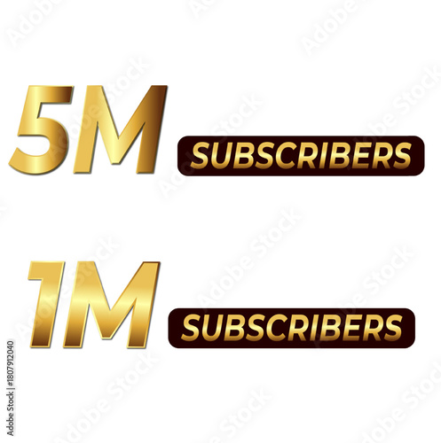 gold subscriber milestone badges, 1m and 5m subscribers achievement icons for social media creators