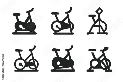 Exercise Bike Logos. exercise bike. Icon set. Set Logo of exercise bike: digital fitness bike with screen. harmonious logo variations of the same emblematic