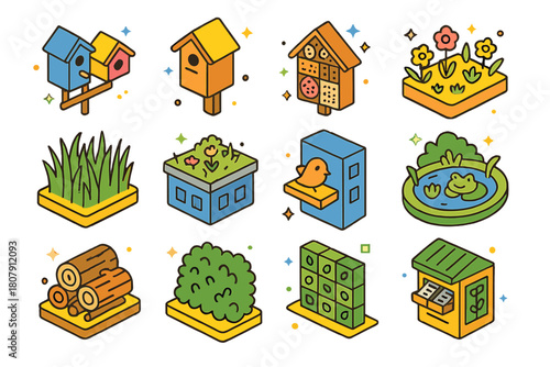 Urban Nature Icons. Urban biodiversity habitats. Colorful isometric vector icons set of Urban biodiversity habitats: birdhouse row, bat roost box, insect