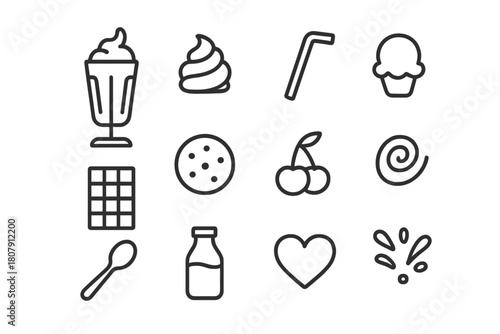 Dessert Shake Icons. Dessert shakes. Line icon set of dessert shakes: milkshake glass, whipped cream, straw, ice cream scoop, chocolate bar, cookie, cherry,