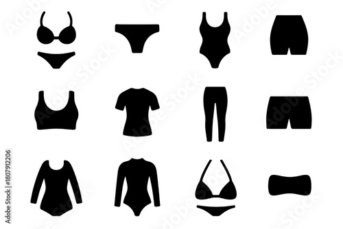 Seamless Swimwear Icons. Seamless Swimwear. Solid icon set of Seamless Swimwear: bikini top, bikini bottom, one piece suit, high waist bottom, swim bra, rash