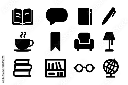Book Discussion Icons. Book Discussion. Solid icon set of Book Discussion: open book, speech bubble, notebook, pen, coffee cup, bookmark, chair, lamp, stack of